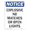 Signmission OSHA Notice Sign, 10" H, 7" W, Rigid Plastic, Explosive No Matches Or Open Lights Sign, Portrait OS-NS-P-710-V-12278 - alternate 1
